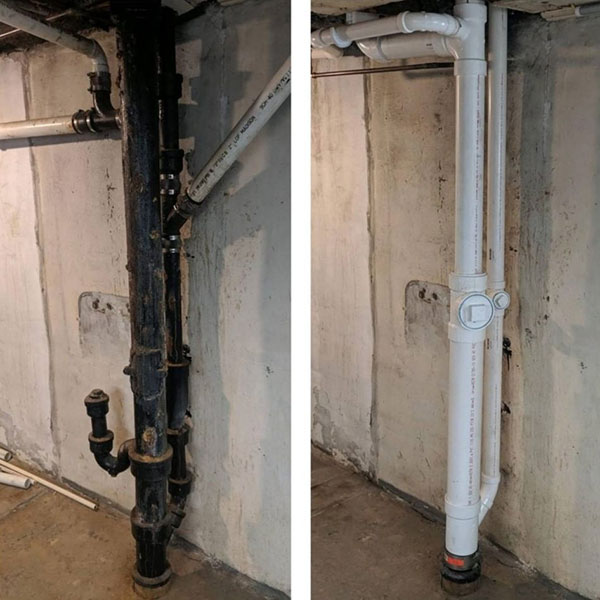 cast iron pipe before and after replacement